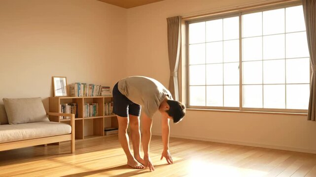 4k, Full shot of a young Asian man stretching his hamstrings in a sunlit room with minimalist decor, warm neutral tones, practicing yoga, achieving wellness indoors.