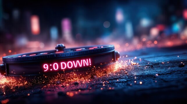 Exciting countdown timer glows in the night, signaling project completion and success after long hours with celebration sparks and neon lights