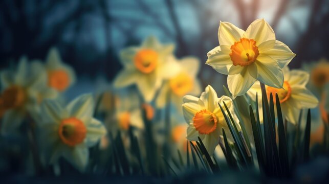Close-up of bright yellow daffodils blooming in a garden during springtime. - Powered by Adobe