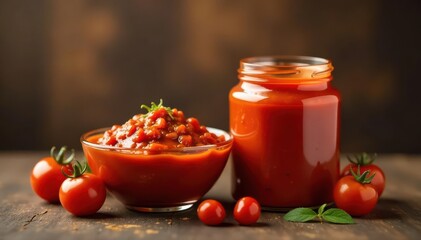 Glass bowl and jar of chunky tomato sauce, brown backdrop, lunch, vibrant, tomatoes