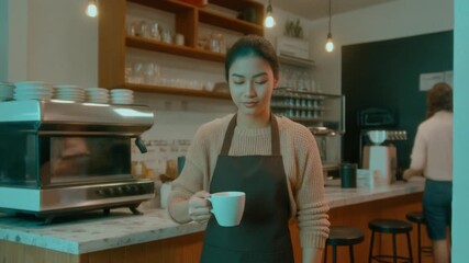 Barista prepares a warm cup of coffee in a cozy cafe setting during a quiet morning