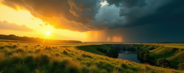 Golden hour sun illuminates green paddock; menacing storm clouds approach dam, threatening, clouds, weather