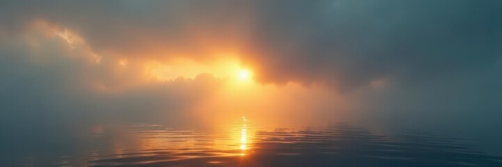 Golden light breaks through heavy fog, illuminating the calm sea , overcast, scenic, hazy