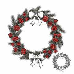 A beautiful hand-drawn illustration of a traditional Christmas holiday wreath with bows and red berries on a white background