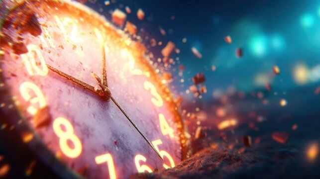Stunning glowing clock face exploding with energy, perfect for illustrating time management, deadlines, urgency, or the fleeting nature of time itself