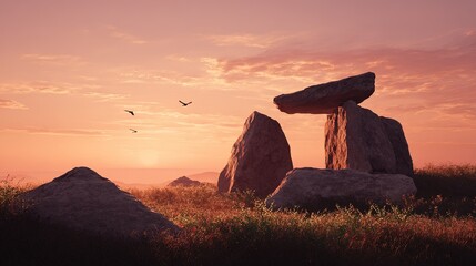 Ancient megalithic stone structure at sunrise with birds flying in a warm hazy sky
