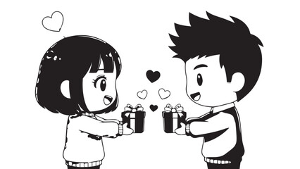 Playful cartoon couple exchanging gifts with hearts and smiles.