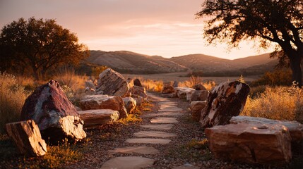 Stepping stone path lined with large natural rocks leading through dry grass toward rolling hills at sunset