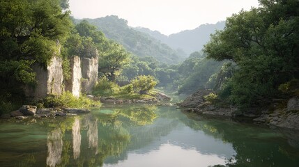 Fototapeta premium A serene river flows through a lush green valley with ancient stone ruins on the left bank reflecting in the calm water