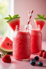Refreshing Watermelon Smoothie in Mason Jars with Strawberries.