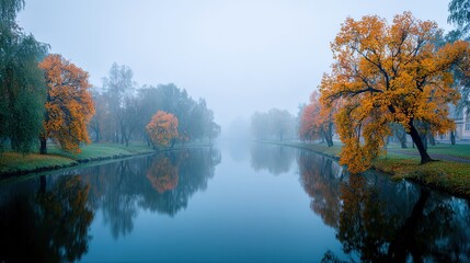 Serene autumn park scene with trees displaying vibrant orange foliage reflected in a calm misty river under an overcast sky