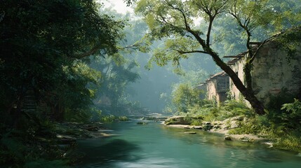 Serene forest river flows past ancient stone structures covered in lush green foliage creating a picturesque natural landscape