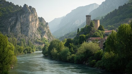 A scenic mountain valley with a river flowing past a medieval tower and village nestled amongst lush green trees under a hazy sky
