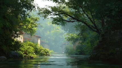 A serene river flows through a lush green forest with small houses nestled among abundant vegetation and trees