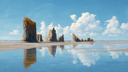 Rugged rock formations rise from a sandy beach reflecting in calm water under a bright blue sky with fluffy white clouds