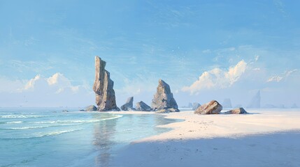 Serene coastal landscape with towering rock formations on a sandy beach under a bright blue sky with wispy clouds and gentle ocean waves