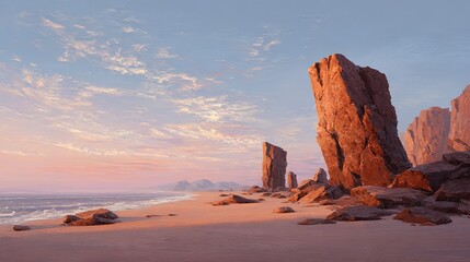 Rugged rock formations on a sandy beach at sunset with a calm ocean and scattered clouds in the sky