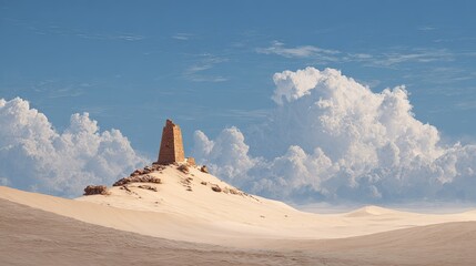 Ancient stone tower ruins stand on a sandy hill under a vast blue sky with dramatic white clouds