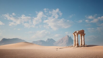Ancient stone ruins standing in a vast desert landscape under a cloudy blue sky with distant mountains