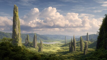 Majestic alien landscape with towering rock formations covered in lush vegetation under a dramatic sky