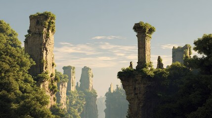 Tall weathered rock spires covered in lush green vegetation rise majestically against a soft blue sky with wispy clouds