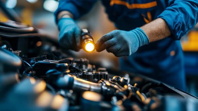 Professional mechanic examining car engine with flashlight in auto repair shop for vehicle