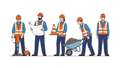 Obraz premium Vector Art of Five Workers Performing Key Construction Tasks 