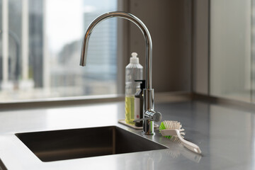 Modern stainless steel kitchen sink dish soap cleaning brush beside tap