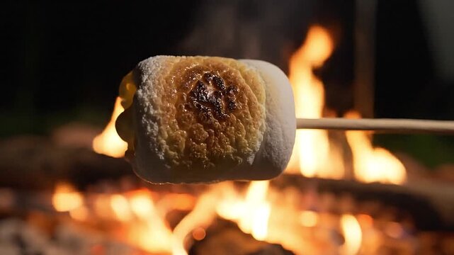 Hot marshmallows toast perfectly over cinematic shots of camp fire dessert