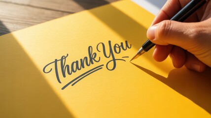Hand writing thank you on yellow paper with a black pen on the table