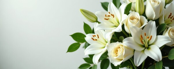 Obraz premium Elegant white lilies and roses in a funeral arrangement , design, closeup, sympathy
