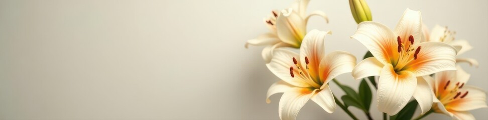 Elegant white & orange lilies, neutral backdrop Subtle lighting enhances petals , macro, background