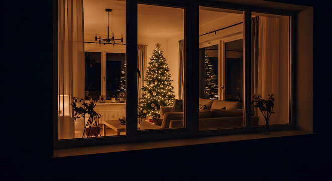 Cozy Christmas room seen through frosty window - Powered by Adobe