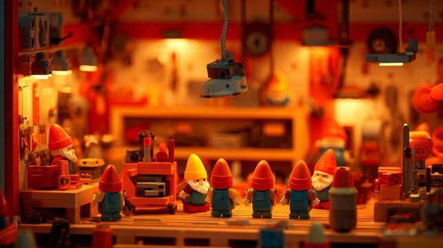 Enchanted Workshop Gathering: A whimsical assembly of garden gnomes are gathered on a workbench, surrounded by tools, within a rustic workshop. It's a delightful scene.