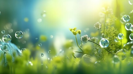Macro shot of dew drops on green grass and small yellow flowers with sun flare.