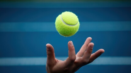Hand tossing a bright yellow tennis ball against a blue background