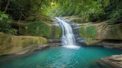 Naklejka premium Waterfall cascading into a clear turquoise pool surrounded by lush greenery