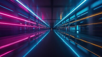 A futuristic tunnel with neon lights creates a sense of speed and motion