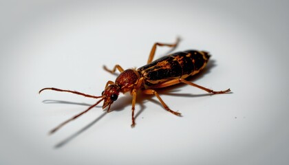A yellow and black ant with long legs, standing out against a plain background.