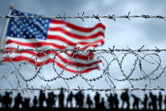 Flag of the United States Waves Over Barbed Wire Fence With Silhouettes Symbolizing Migration and Border Policies - Powered by Adobe