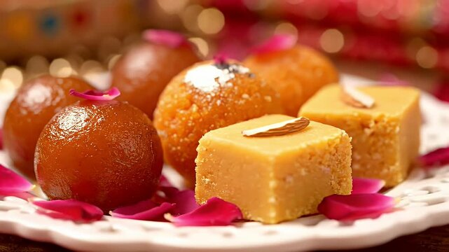Delicious Indian Sweets Gulab Jamun and Barfi on a Plate with Rose Petals.