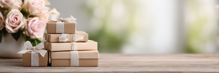 Stack of Small Gift Boxes With Ribbons on Wooden Table Beside a Rose Bouquet in a Softly Blurred Background