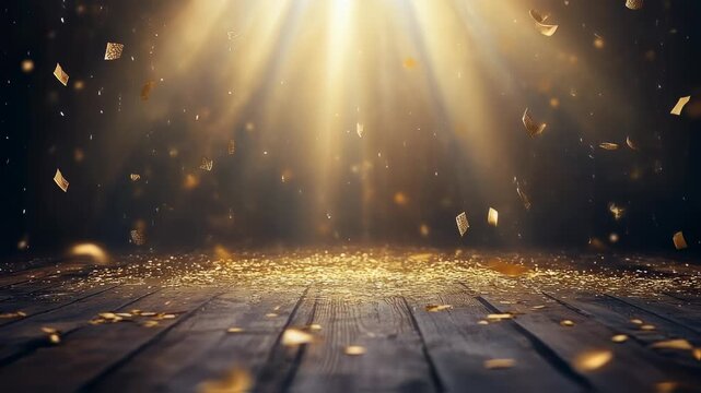 Elegant gold confetti falling on a wooden floor, golden spotlight, and shining lights, perfect for - Powered by Adobe