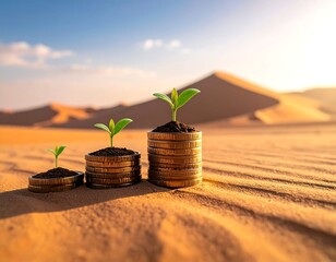 Stacked coins with growing plants in a desert landscape