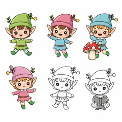 A charming collection of cute cartoon forest elves in various poses, presented in both vibrant color and as black and white line art for coloring