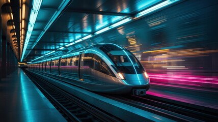 Fototapeta premium Highspeed train speeding through a futuristic tunnel with neon lights