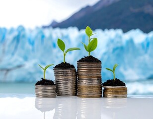 Stacked coins with small plants growing, glacier backdrop