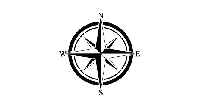 Vintage compass rose illustration with cardinal directions in black and white silhouette