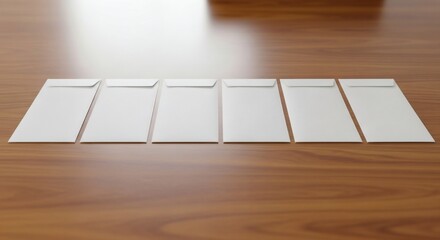 Six white envelopes arranged neatly on a polished wooden surface, creating a clean and organized composition