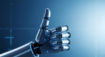 Closeup of a metallic robot hand giving a thumbs up gesture, symbolizing approval and technological advancement